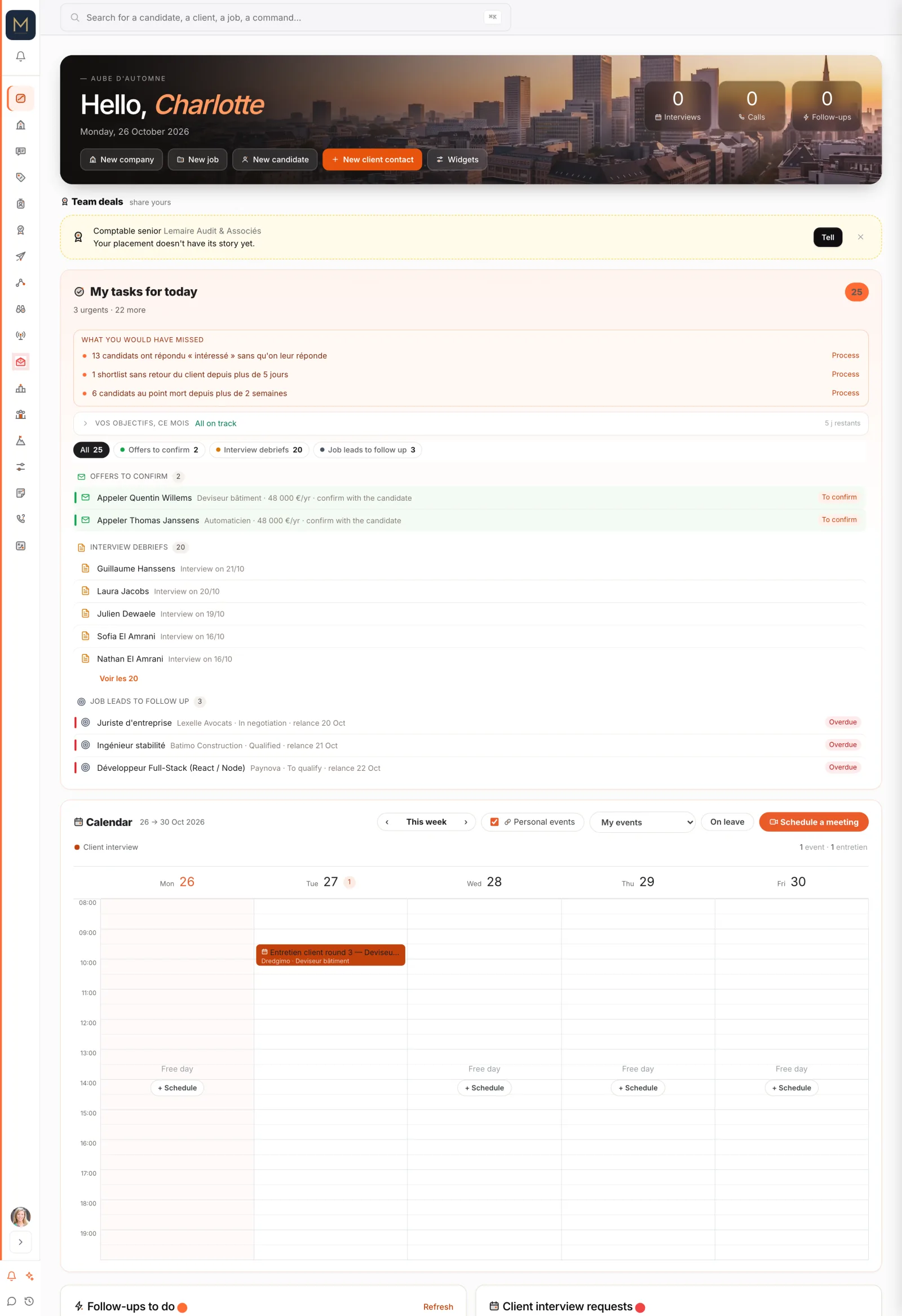 A recruiter's dashboard in Profilio (fictitious data)